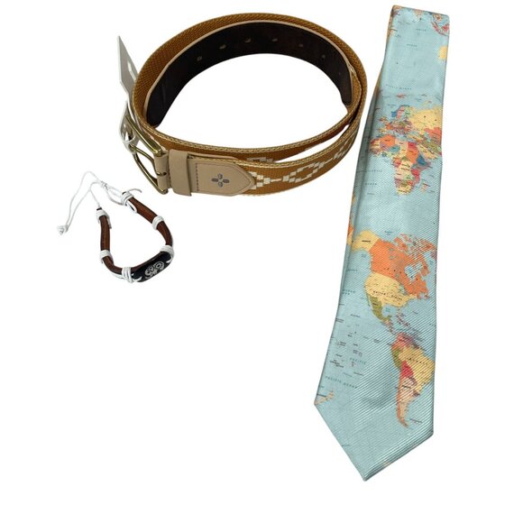 World Map Necktie Tan Woven Belt Elephant Bracelet Gift Set Men Travel Style - Picture 2 of 14